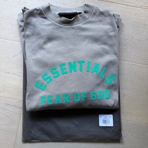 Fear of God Essentials Long Sleeve Beige T-shirt with Teal Print